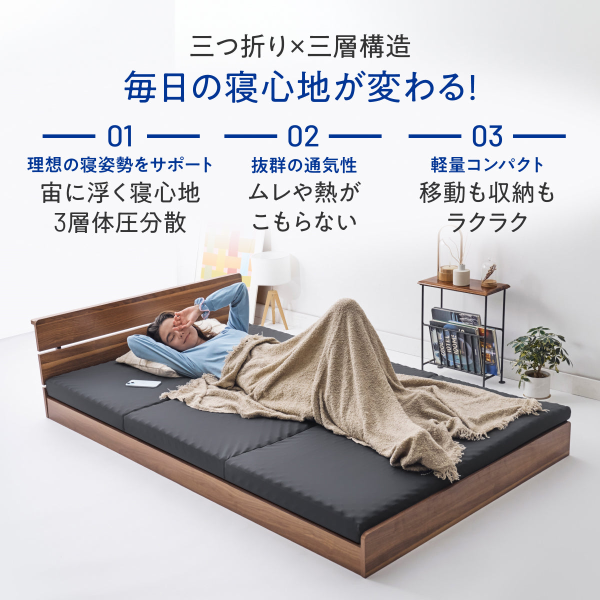 【高い通気性と体圧分散】三つ折りマットレス タイプB 高通気×体圧分散3層