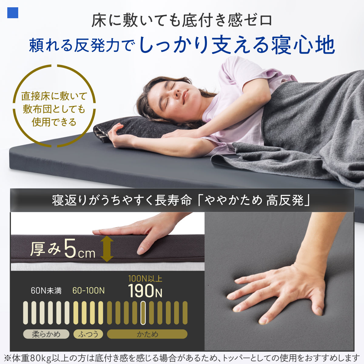 【超軽量!乗せるだけ簡単寝心地改善 厚み5cm】高反発マットレス フラットタイプ